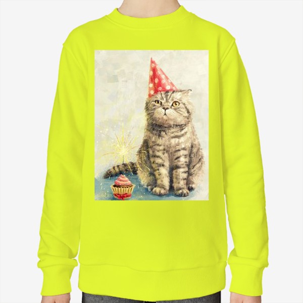 Свитшот «День рождения кота, недовольный полосатый британец с праздничным кексом. Забавная прикольная открытка, смешной котик»