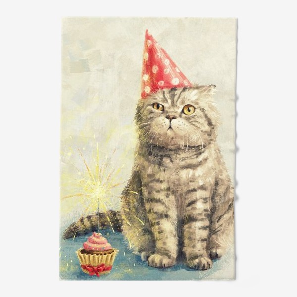 Полотенце «День рождения кота, недовольный полосатый британец с праздничным кексом. Забавная прикольная открытка, смешной котик»