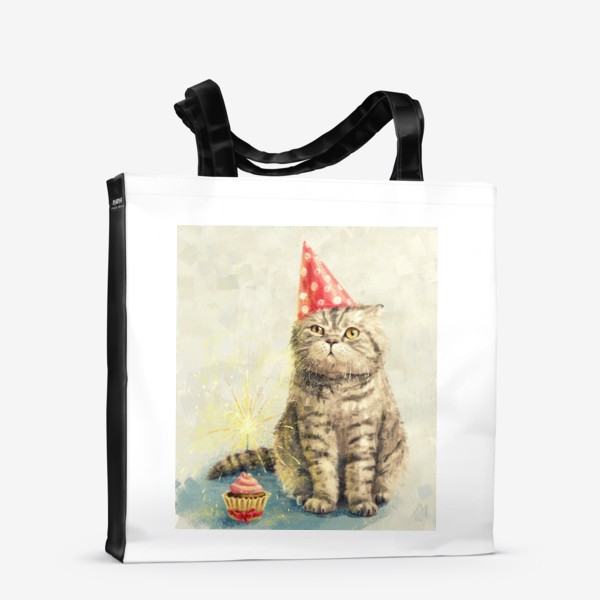 Сумка-шоппер «День рождения кота, недовольный полосатый британец с праздничным кексом. Забавная прикольная открытка, смешной котик»