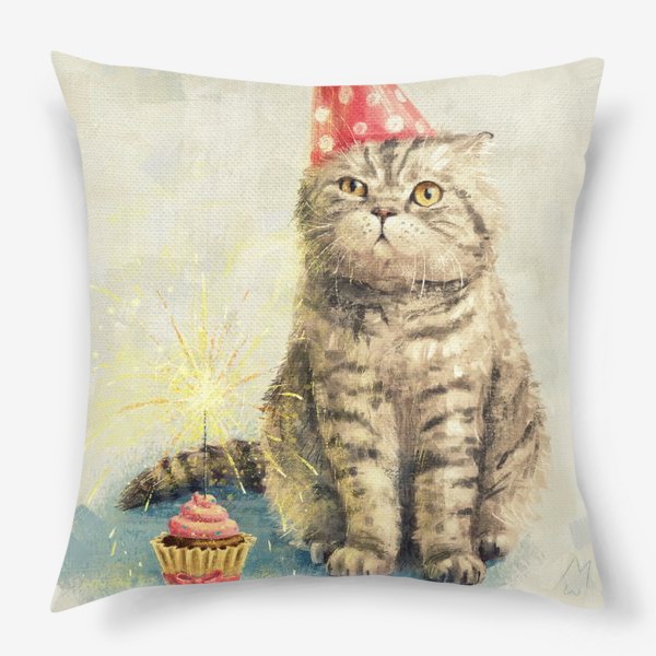 Подушка «День рождения кота, недовольный полосатый британец с праздничным кексом. Забавная прикольная открытка, смешной котик»