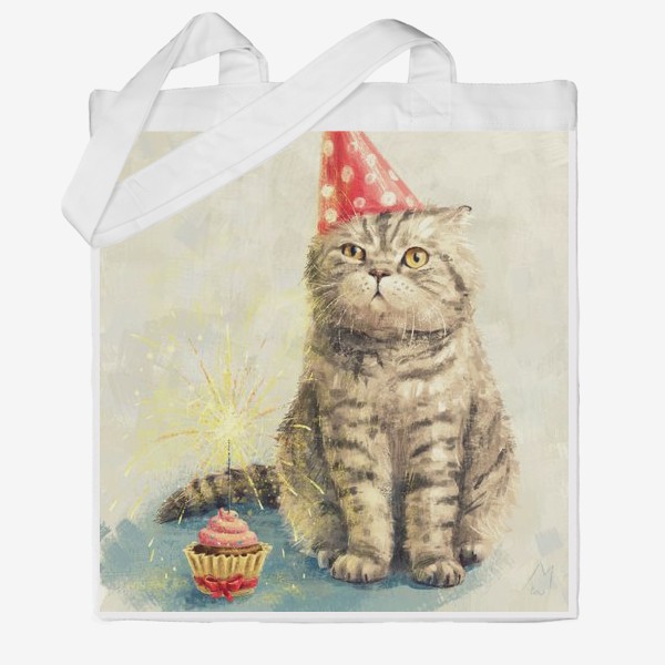 Сумка хб &laquo;День рождения кота, недовольный полосатый британец с праздничным кексом. Забавная прикольная открытка, смешной котик&raquo;