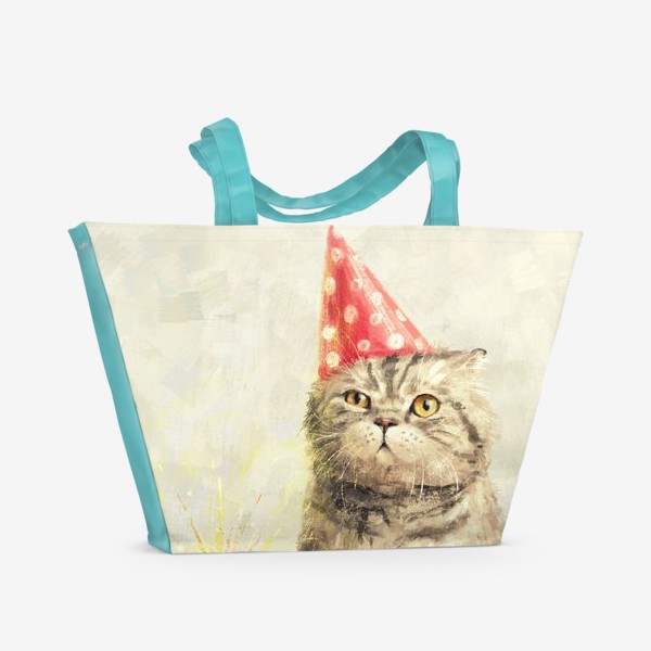 Пляжная сумка &laquo;День рождения кота, недовольный полосатый британец с праздничным кексом. Забавная прикольная открытка, смешной котик&raquo;