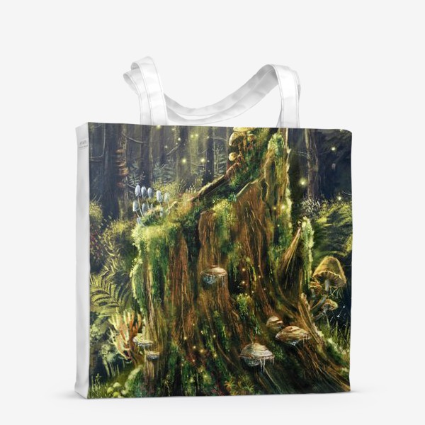 Сумка-шоппер «В лесной глуши, живописный загадочный принт, открытка, волшебный лес, магия и волшебство, грибы»