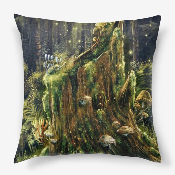 Подушка «В лесной глуши, живописный загадочный принт, открытка, волшебный лес, магия и волшебство, грибы»