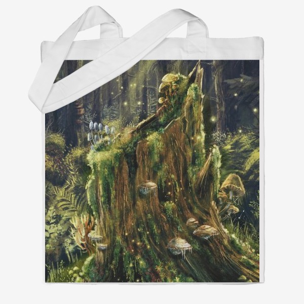 Сумка хб «В лесной глуши, живописный загадочный принт, открытка, волшебный лес, магия и волшебство, грибы»