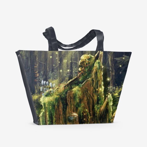 Пляжная сумка «В лесной глуши, живописный загадочный принт, открытка, волшебный лес, магия и волшебство, грибы»