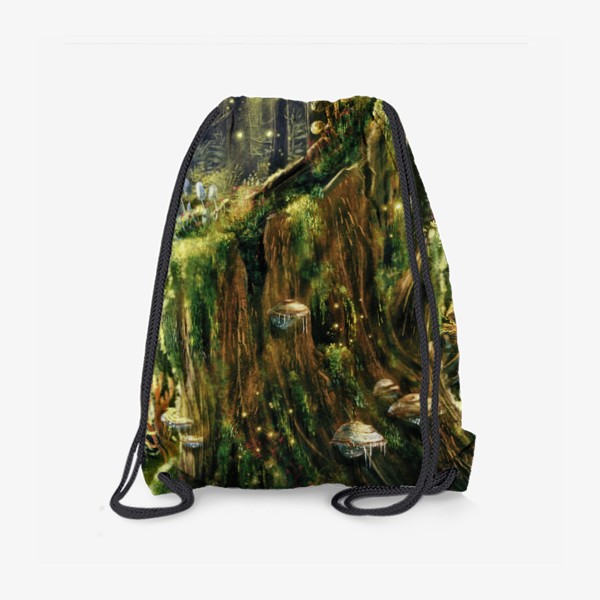 Рюкзак «В лесной глуши, живописный загадочный принт, открытка, волшебный лес, магия и волшебство, грибы»