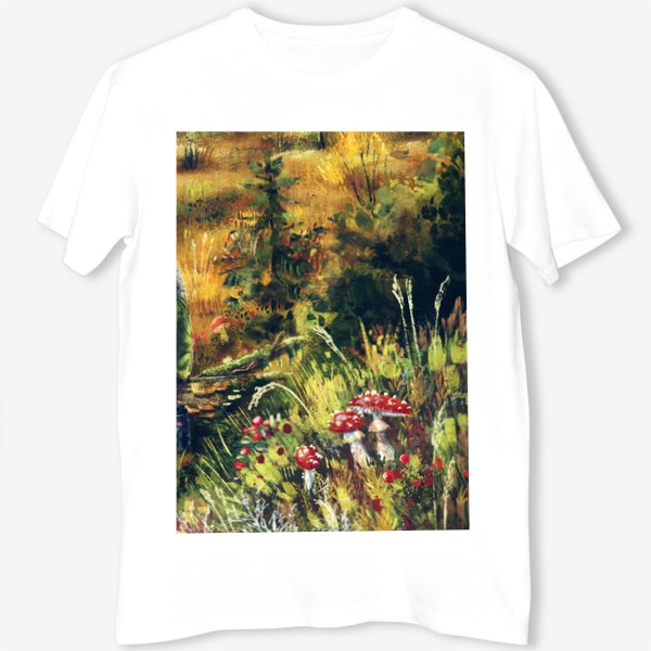 Футболка «Осеннее путешествие, авторский принт, грибы мухоморы, живописный осенний пейзаж с лесными травами и грибами»