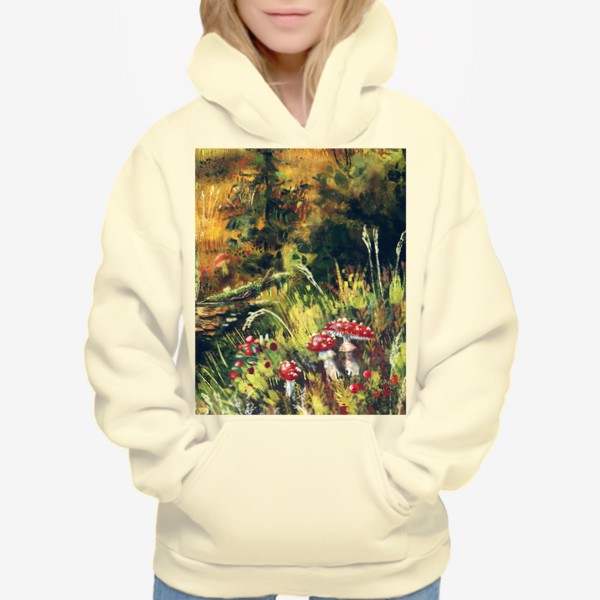 Худи «Осеннее путешествие, авторский принт, грибы мухоморы, живописный осенний пейзаж с лесными травами и грибами»