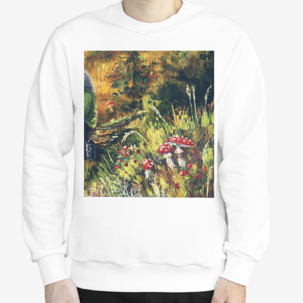 Свитшот «Осеннее путешествие, авторский принт, грибы мухоморы, живописный осенний пейзаж с лесными травами и грибами»