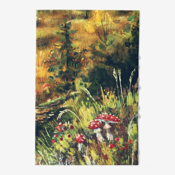 Полотенце &laquo;Осеннее путешествие, авторский принт, грибы мухоморы, живописный осенний пейзаж с лесными травами и грибами&raquo;