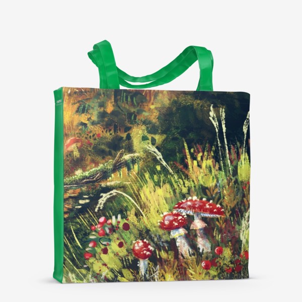 Сумка-шоппер &laquo;Осеннее путешествие, авторский принт, грибы мухоморы, живописный осенний пейзаж с лесными травами и грибами&raquo;