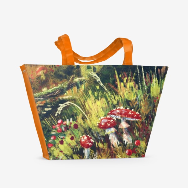 Пляжная сумка «Осеннее путешествие, авторский принт, грибы мухоморы, живописный осенний пейзаж с лесными травами и грибами»