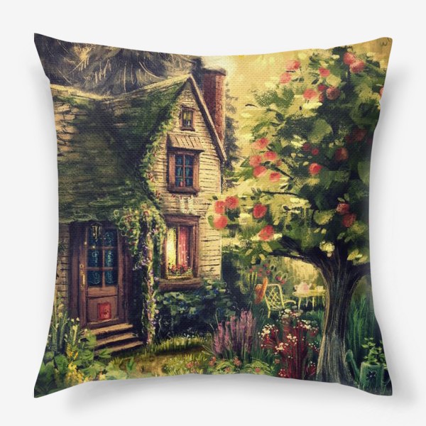 Подушка «Теплый вечер, красивый принт с вечерним солнечным садом и красивым домиком, волшебная атмосфера чуда»