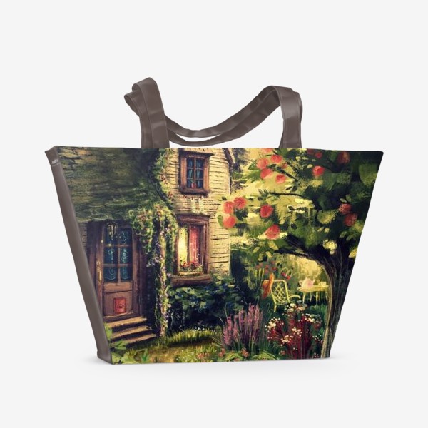 Пляжная сумка &laquo;Теплый вечер, красивый принт с вечерним солнечным садом и красивым домиком, волшебная атмосфера чуда&raquo;