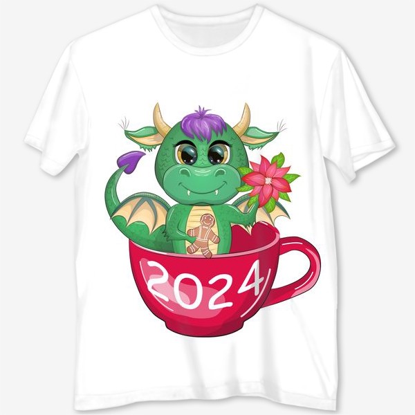Футболка с полной запечаткой «Дракон в чашке с надписью 2024. Год дракона»