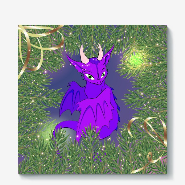 Холст «Фиолетовый дракончик в еловых ветках»