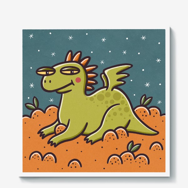 Холст «Забавный зеленый дракон и гора мандаринов. Новый год »