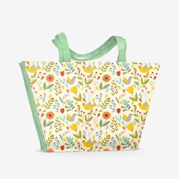 Пляжная сумка «Яркий винтажный паттерн с цветами и птицами в скандинавском стиле»