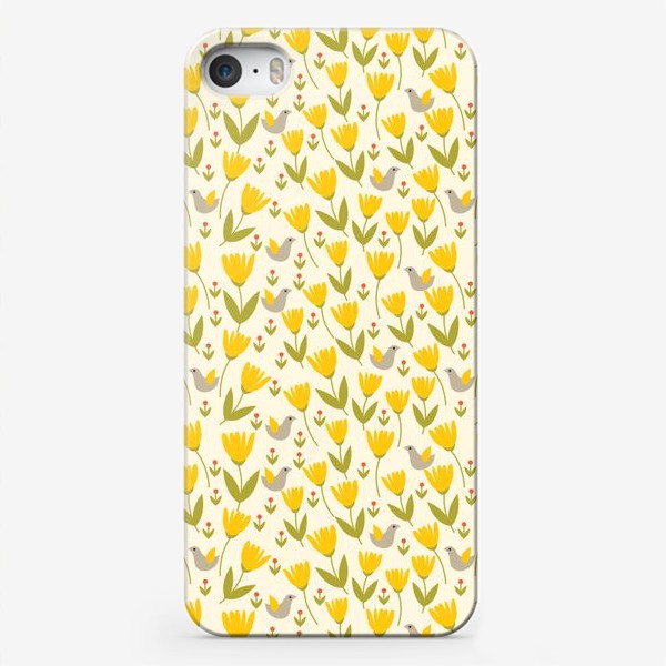Чехол iPhone «Яркий паттерн с желтыми цветами и птицами»