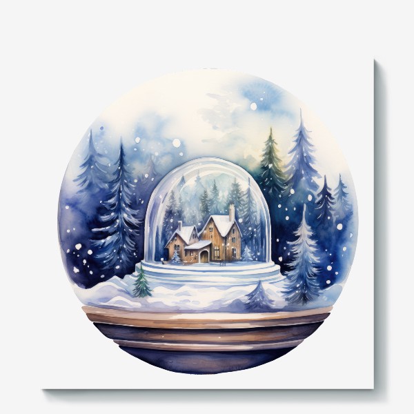 Холст «Снежный шар и зимний акварельный лес»