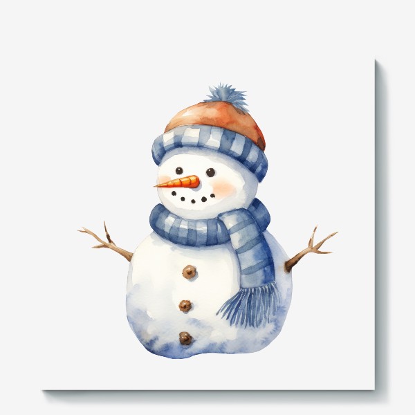 Холст «Акварельный снеговик в шапке»