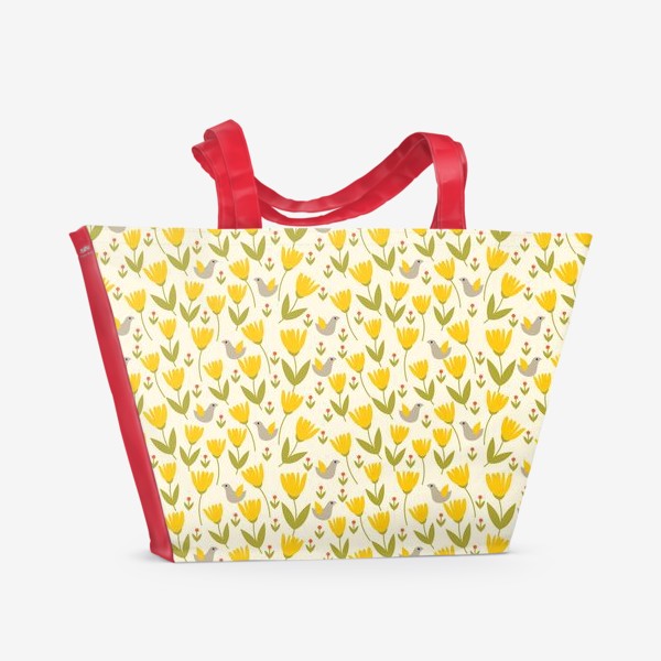 Пляжная сумка &laquo;Яркий паттерн с желтыми цветами и птицами&raquo;