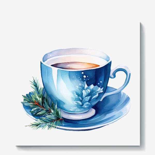 Холст «Зимний горячий чай в голубой чашке. Акварель»