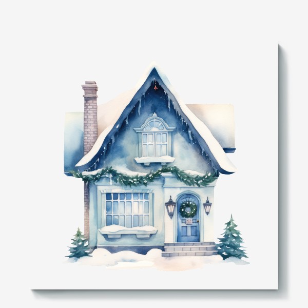 Холст «Акварельный новогодний дом в снегу»
