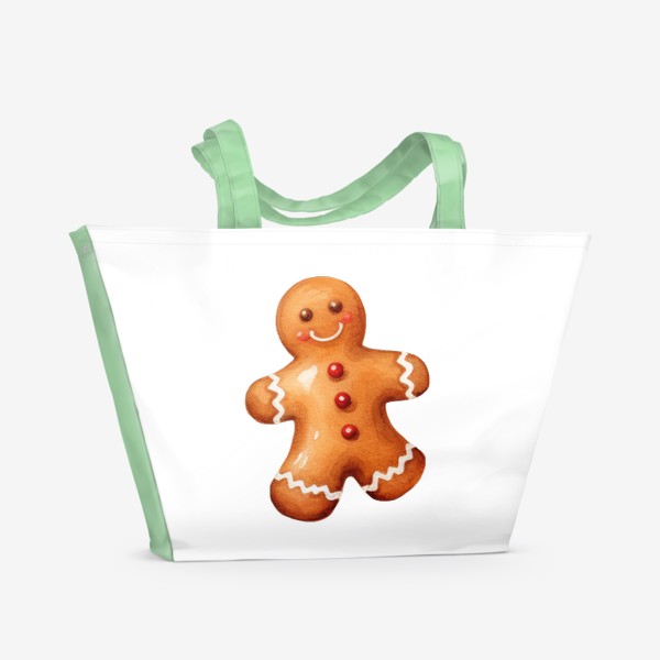 Пляжная сумка «Имбирный человечек. Новогоднее печенье. Акварель»