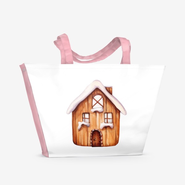 Пляжная сумка «Акварельный пряничный домик в снегу»
