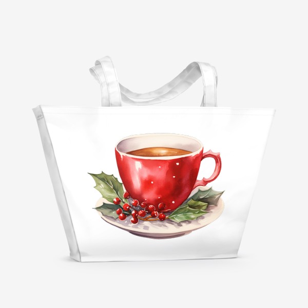 Пляжная сумка «Красная чашка, остролист. Новогодний горячий напиток»