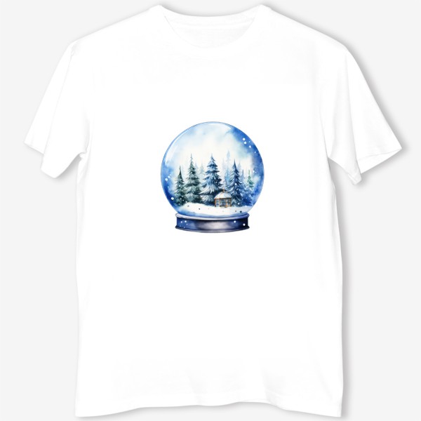 Футболка «Зимний снежный шар. Елки и домик. Акварель»