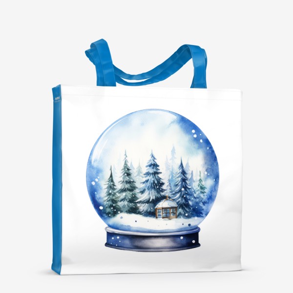 Сумка-шоппер «Зимний снежный шар. Елки и домик. Акварель»