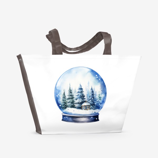 Пляжная сумка «Зимний снежный шар. Елки и домик. Акварель»