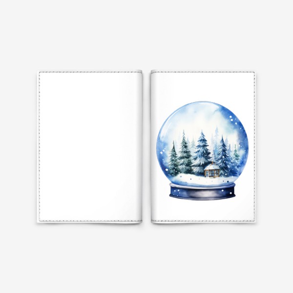 Обложка для паспорта «Зимний снежный шар. Елки и домик. Акварель»