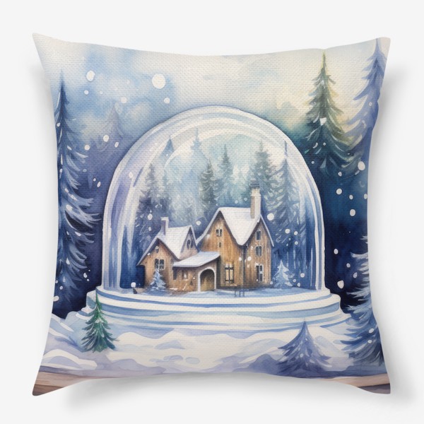 Подушка «Снежный шар и зимний акварельный лес»