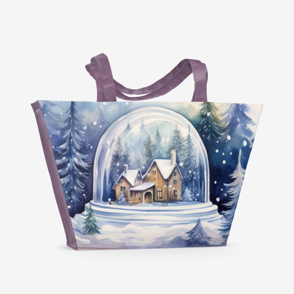 Пляжная сумка «Снежный шар и зимний акварельный лес»