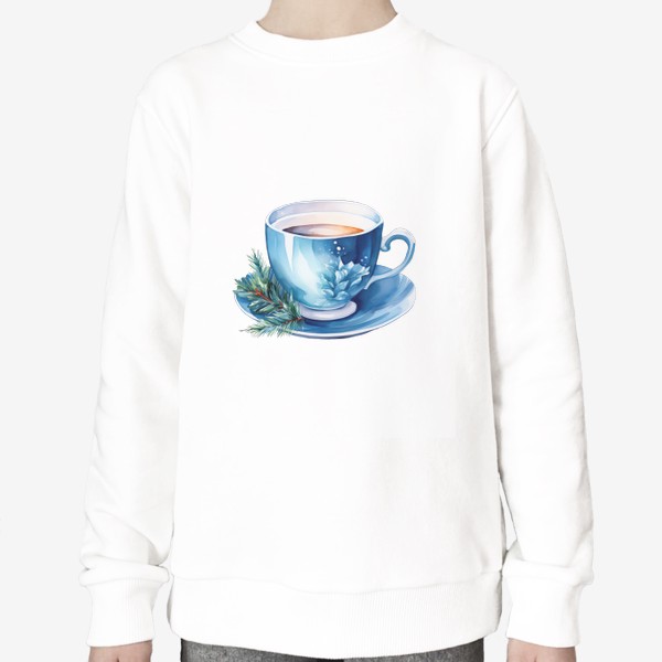 Свитшот «Зимний горячий чай в голубой чашке. Акварель»