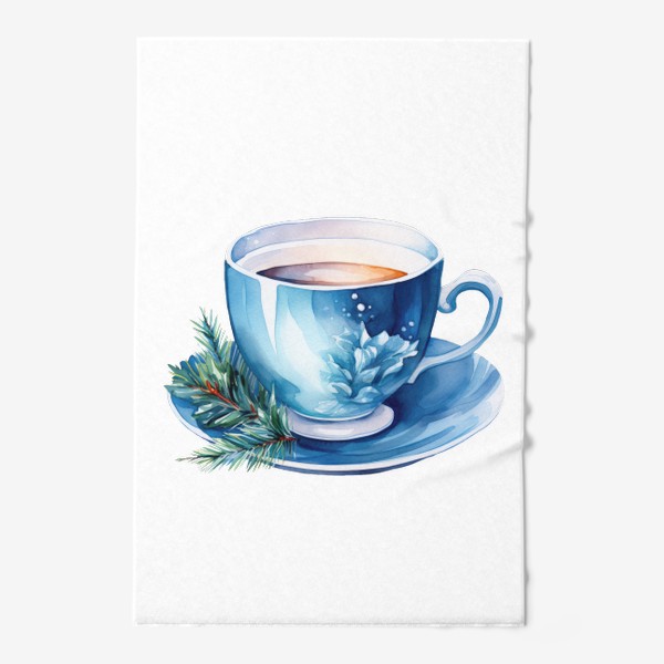 Полотенце «Зимний горячий чай в голубой чашке. Акварель»