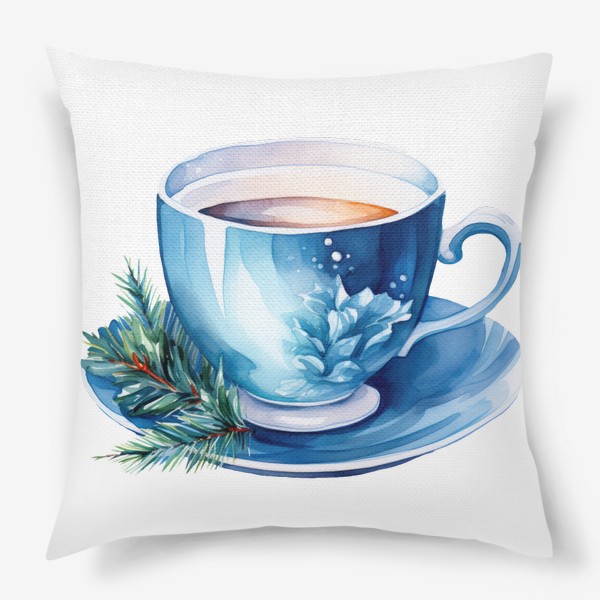 Подушка «Зимний горячий чай в голубой чашке. Акварель»