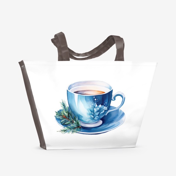 Пляжная сумка «Зимний горячий чай в голубой чашке. Акварель»