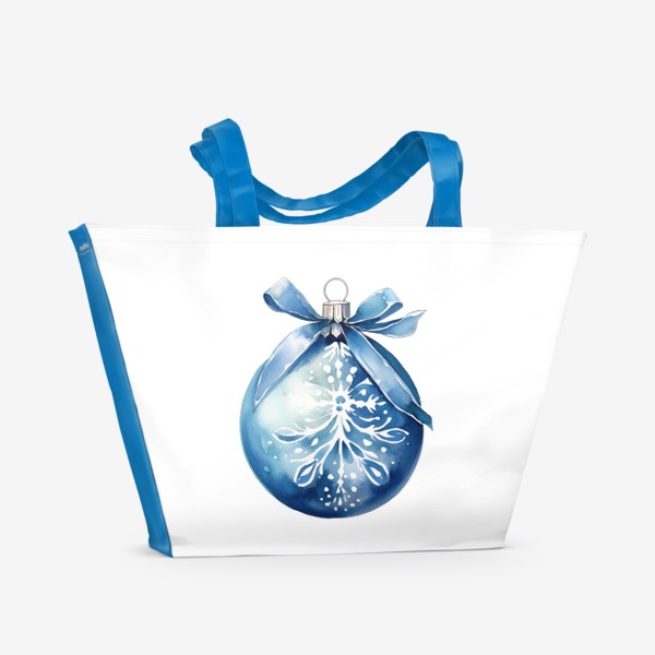 Пляжная сумка «Синий елочный шар с лентой. Акварель»