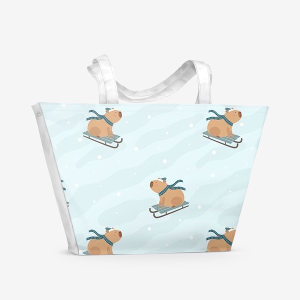 Пляжная сумка «Веселые капибары катаются на санях»