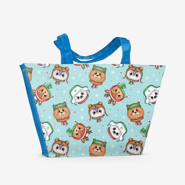 Пляжная сумка «Новогодние мордочки (пингвин, морж, олень, медведь)»