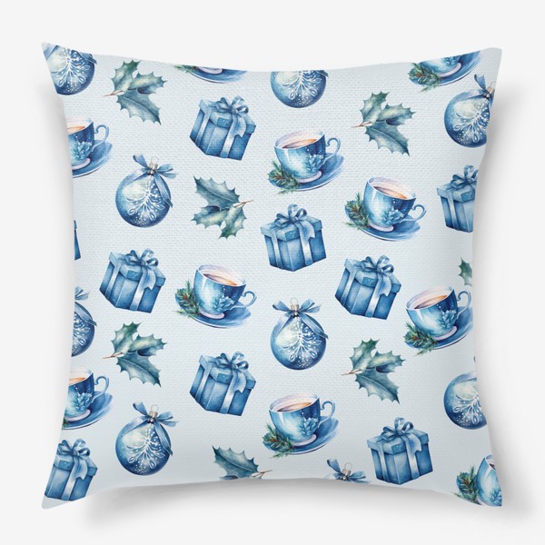 Подушка «Акварельный новогодний узор в синем цвете»