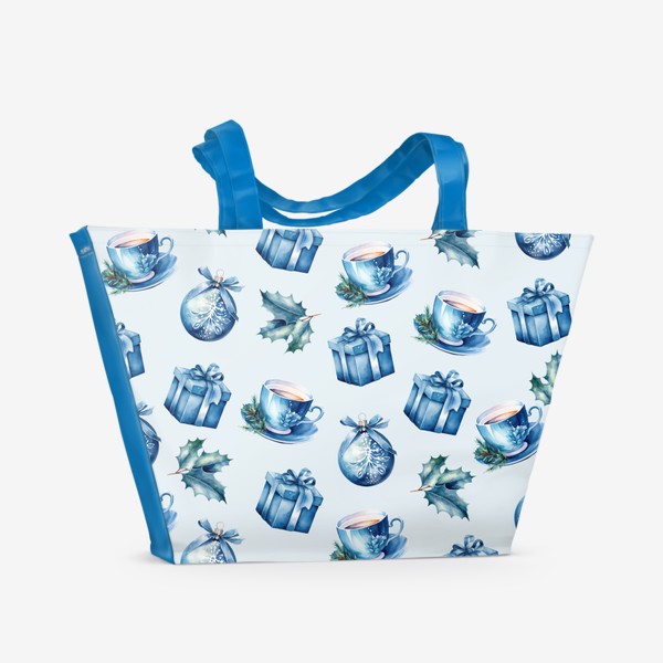 Пляжная сумка «Акварельный новогодний узор в синем цвете»