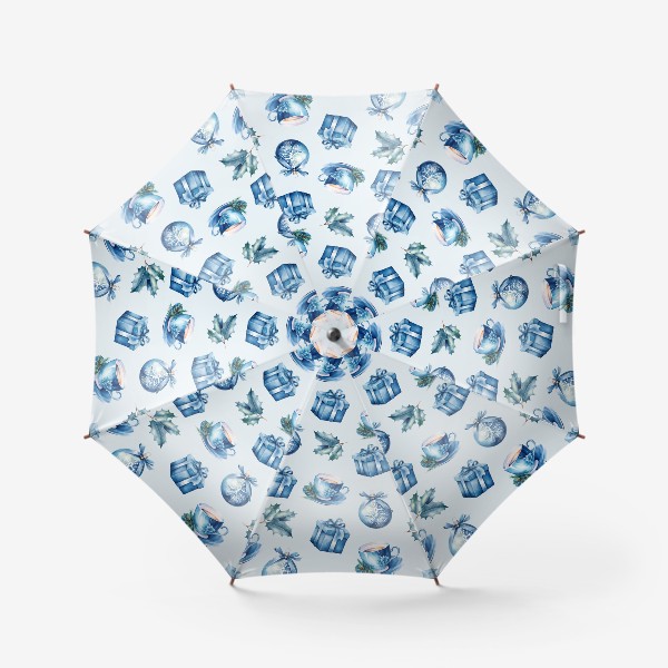Зонт «Акварельный новогодний узор в синем цвете»