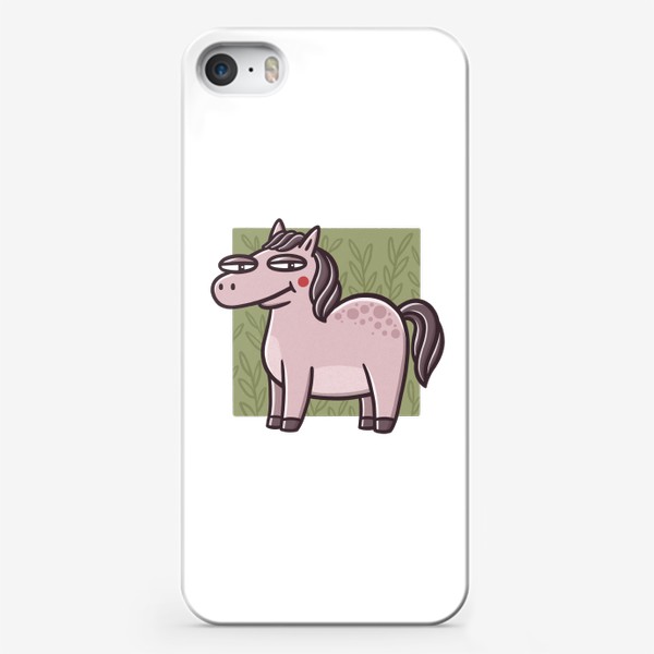 Чехол iPhone «Забавный конь на фоне веточек. Лошадь»