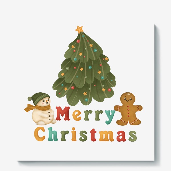 Холст «Merry Christmas! Снеговик, ёлка и имбирный пряник.»